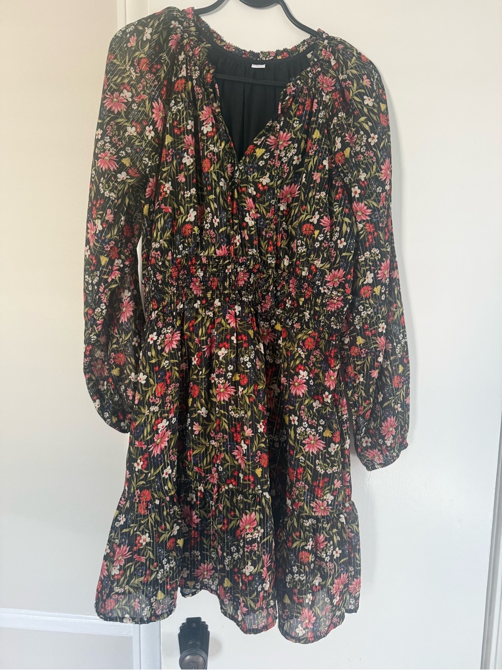 Black Floral Long Sleeve Tiered Mini Dress